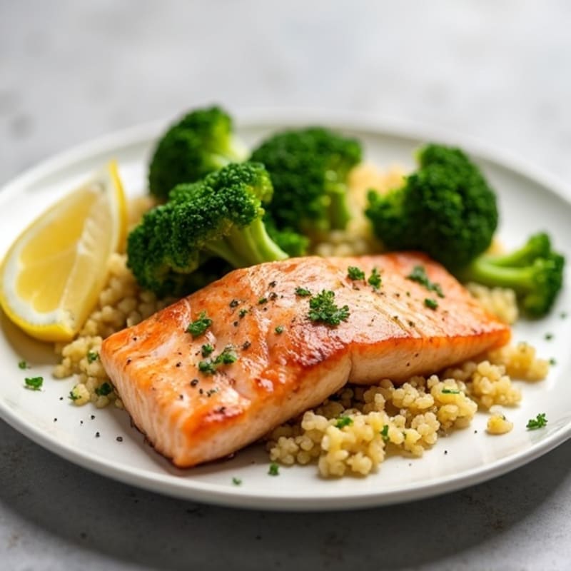 Seared Salmon with Steamed Broccoli and Lemon-Garlic Cauliflower Rice
