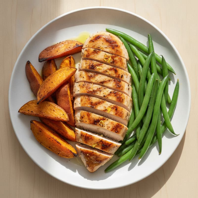 Grilled Chicken Breast with Roasted Sweet Potato and Green Beans
