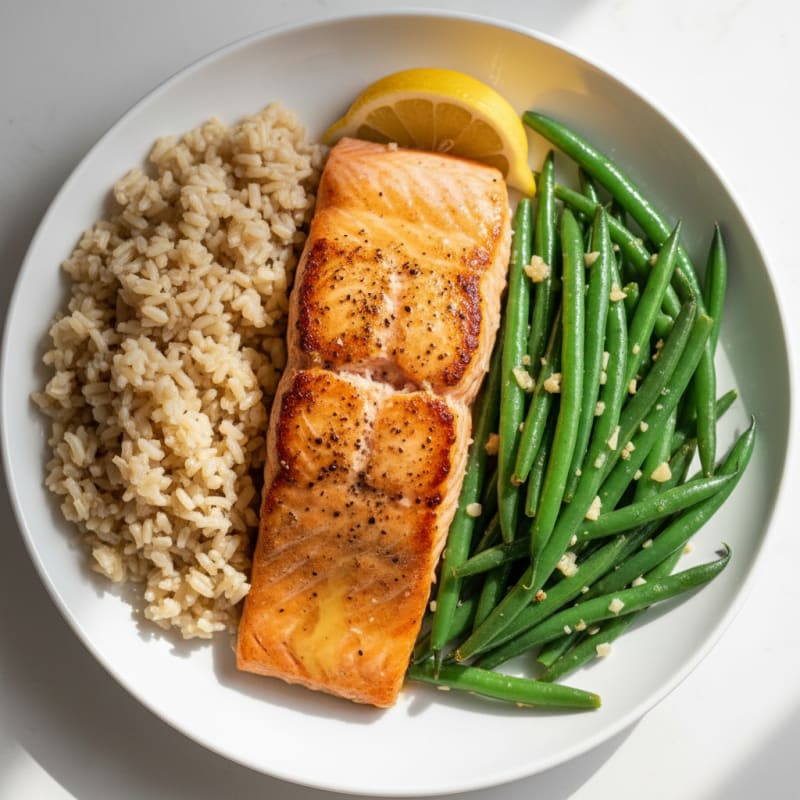 Seared Salmon with Garlic Green Beans and Brown Rice