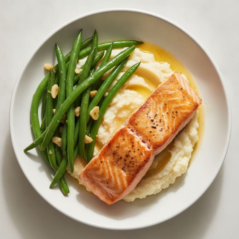Seared Salmon with Garlic Green Beans and Cauliflower Mash
