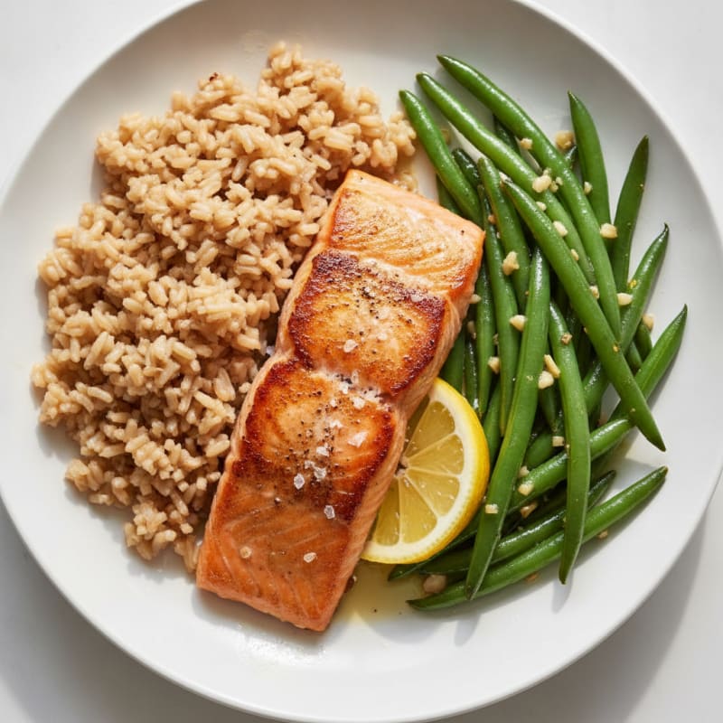 Seared Salmon with Garlic Green Beans and Brown Rice