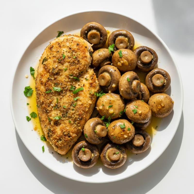 Garlic Butter Roasted Mushrooms with Herb-Crusted Chicken
