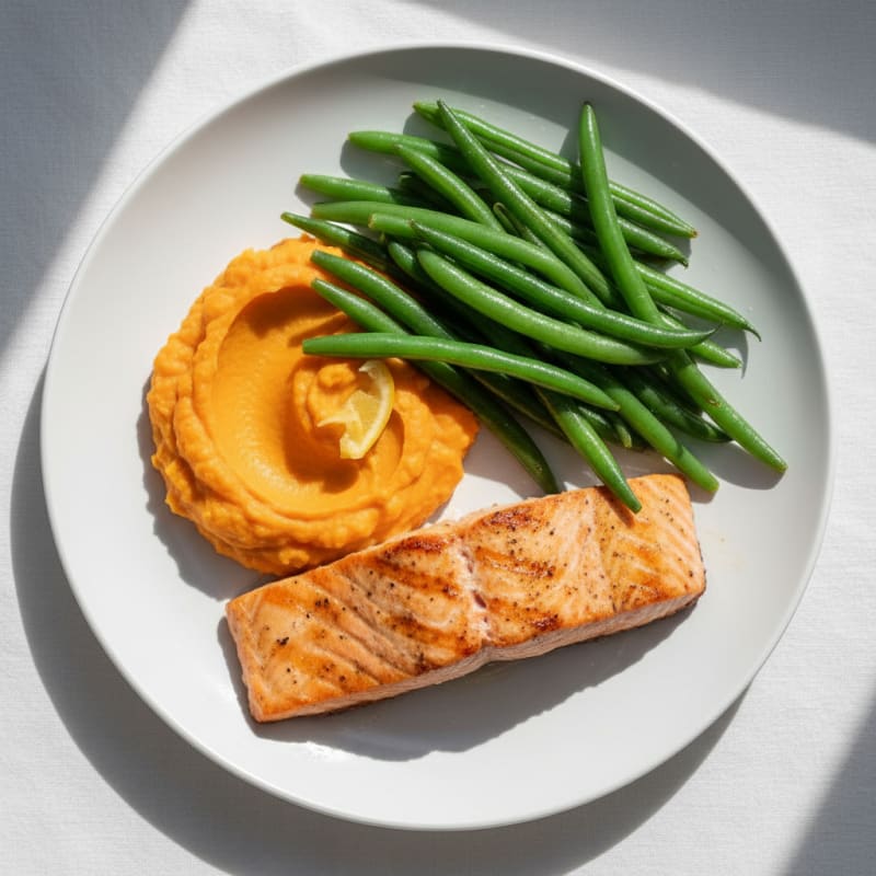 Seared Salmon with Steamed Green Beans and Sweet Potato Mash
