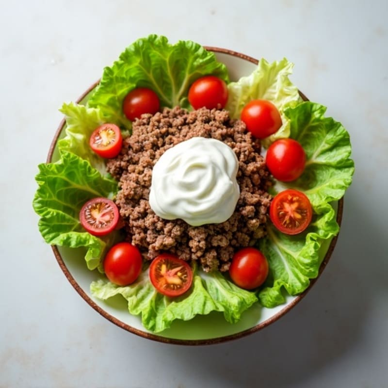 Lean Ground Beef and Crispy Lettuce Bowl with Creamy Dill Pickle Dressing
