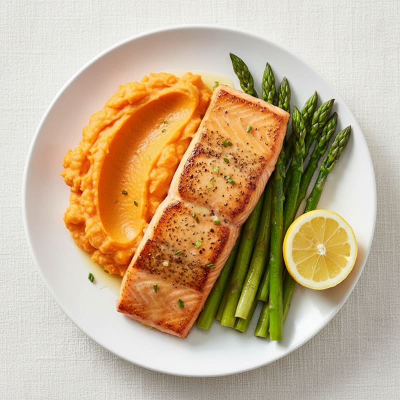 Seared Salmon Fillet with Roasted Asparagus and Sweet Potato Mash