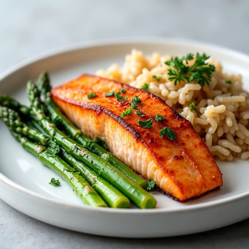 Seared Salmon Fillet with Steamed Asparagus and Brown Rice