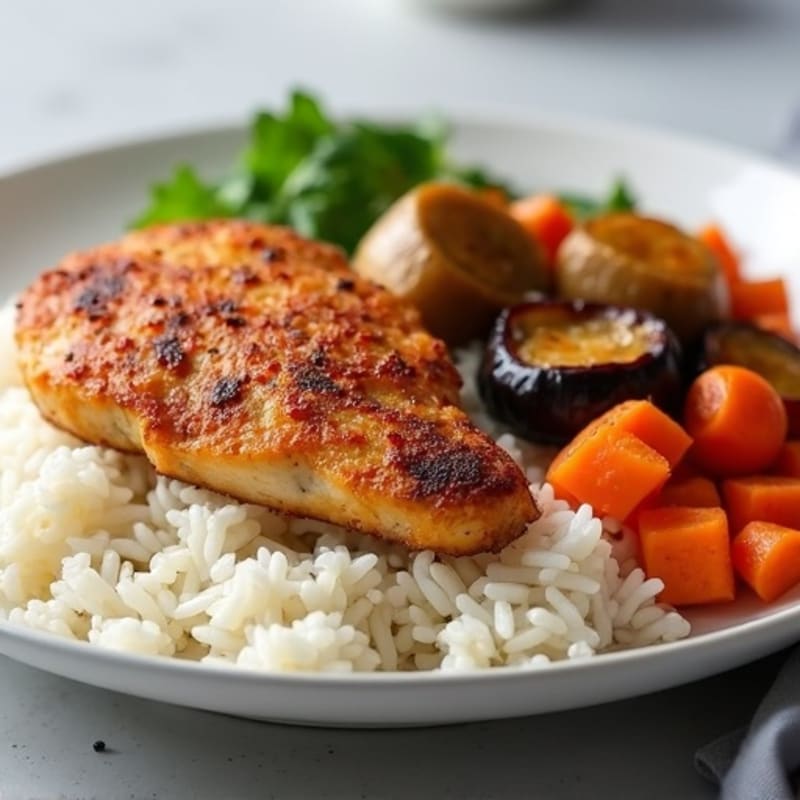 Crispy Pan-Seared Chicken with Fluffy Rice and Tender Roasted Eggplant and Carrots