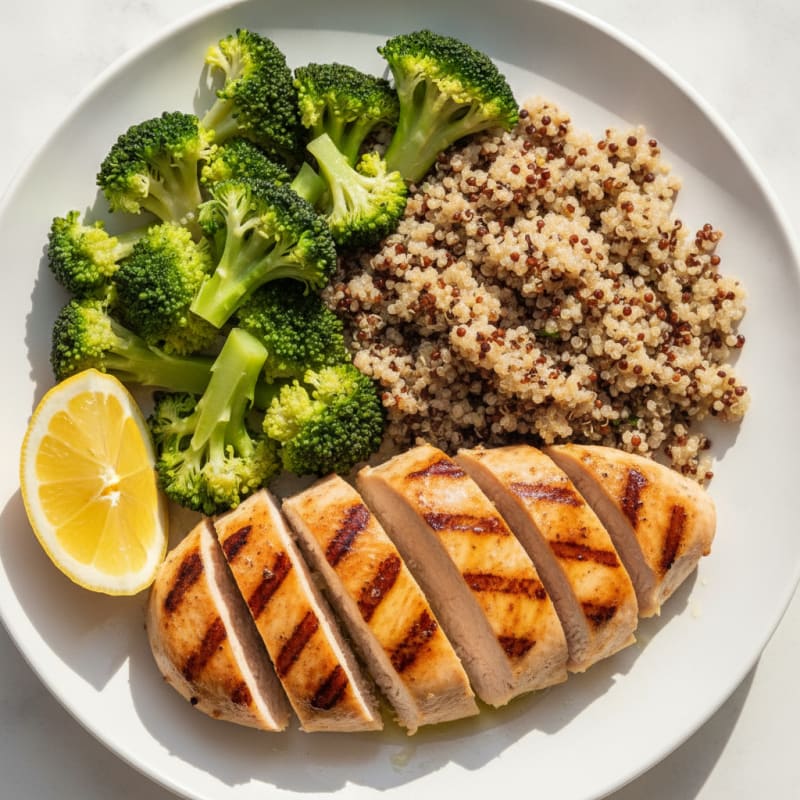 Grilled Chicken Breast with Quinoa and Steamed Broccoli