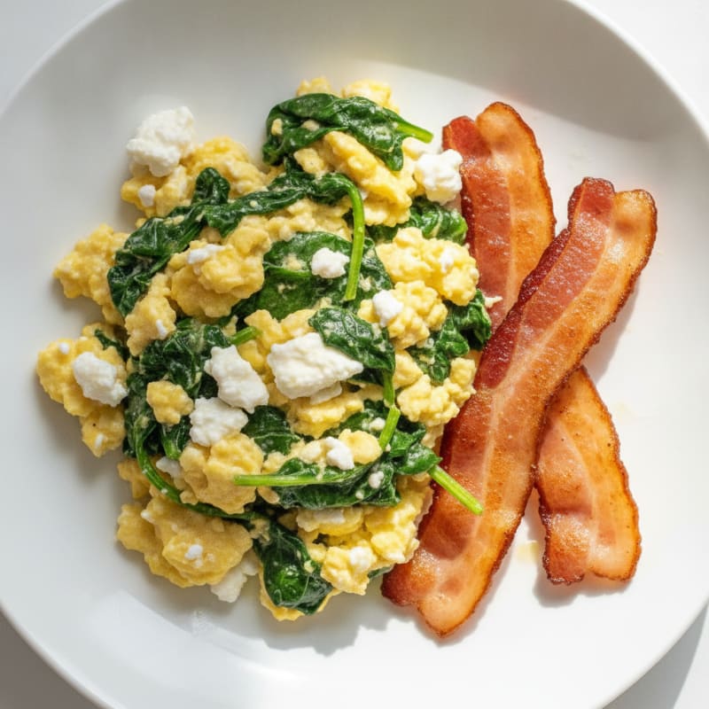 Cottage Cheese Egg Scramble with Sautéed Spinach and Turkey Bacon