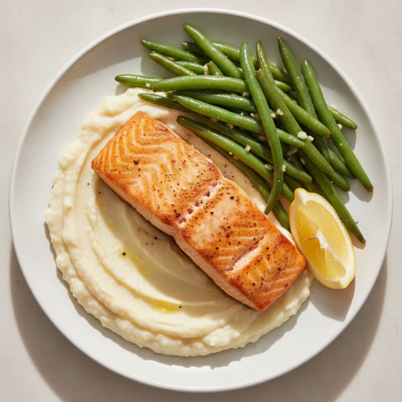 Seared Salmon with Garlic Green Beans and Cauliflower Mash