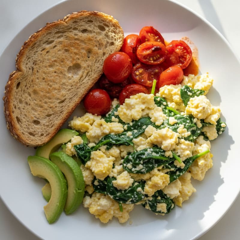 Cottage Cheese Scramble with Spinach and Cherry Tomatoes