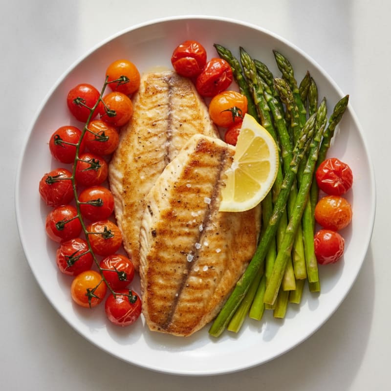 Seared Tilapia with Roasted Asparagus and Cherry Tomatoes