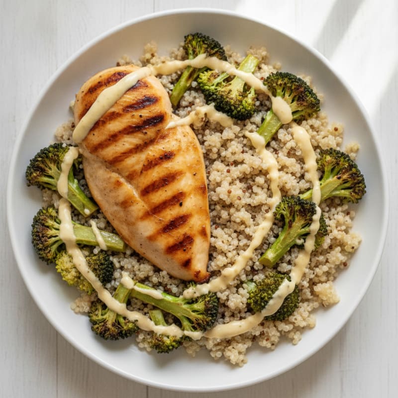 Grilled Chicken and Quinoa Bowl with Roasted Broccoli and Lemon Tahini Drizzle