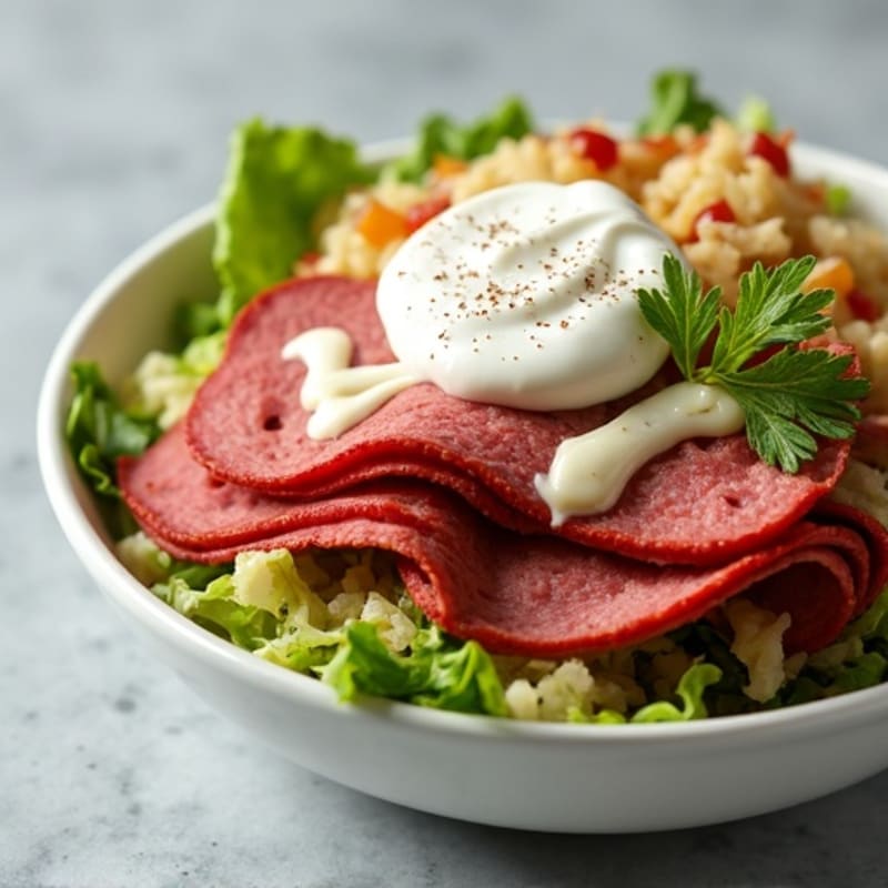 Lean Corned Beef Reuben Bowl with Roasted Cabbage, Tangy Sauerkraut, and Creamy Dressing