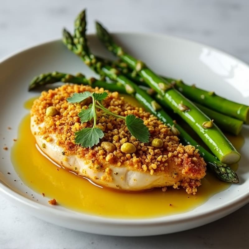 Crispy Pistachio-Crusted Chicken with Roasted Asparagus and Lemon-Herb Dressing
