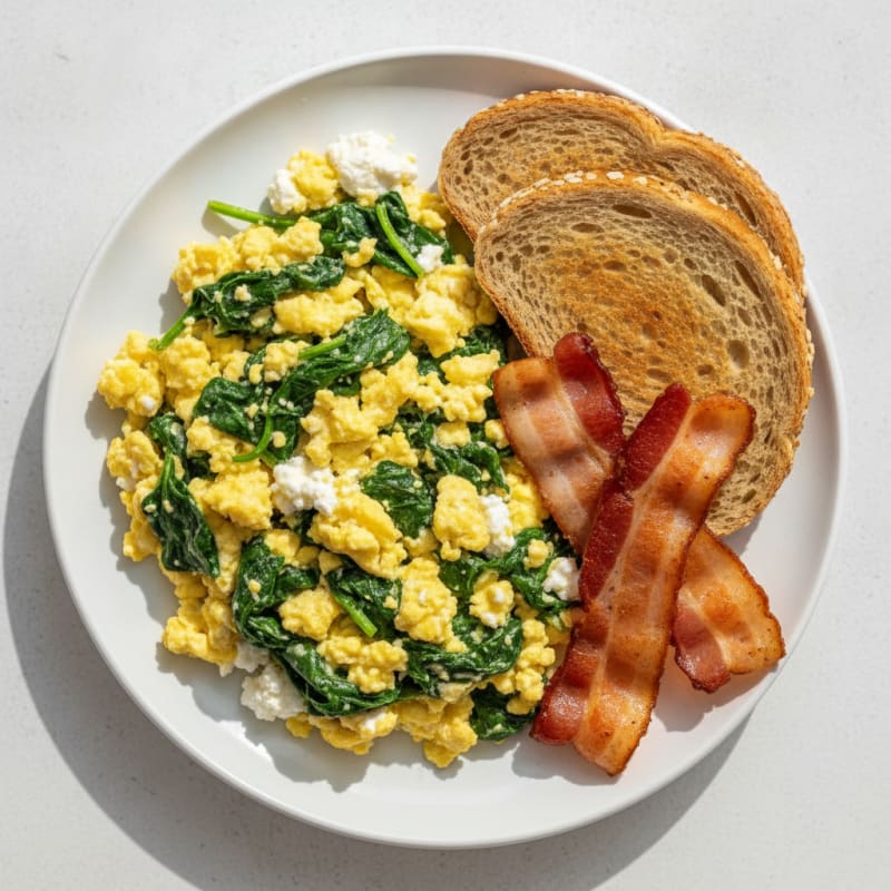 Cottage Cheese Egg Scramble with Spinach and Turkey Bacon