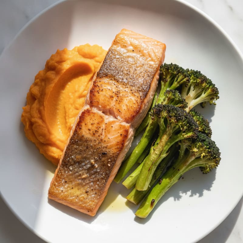 Seared Salmon Fillet with Roasted Broccoli and Sweet Potato Mash