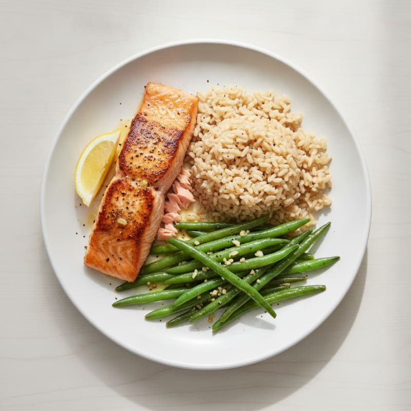 Seared Salmon with Garlic Green Beans and Brown Rice