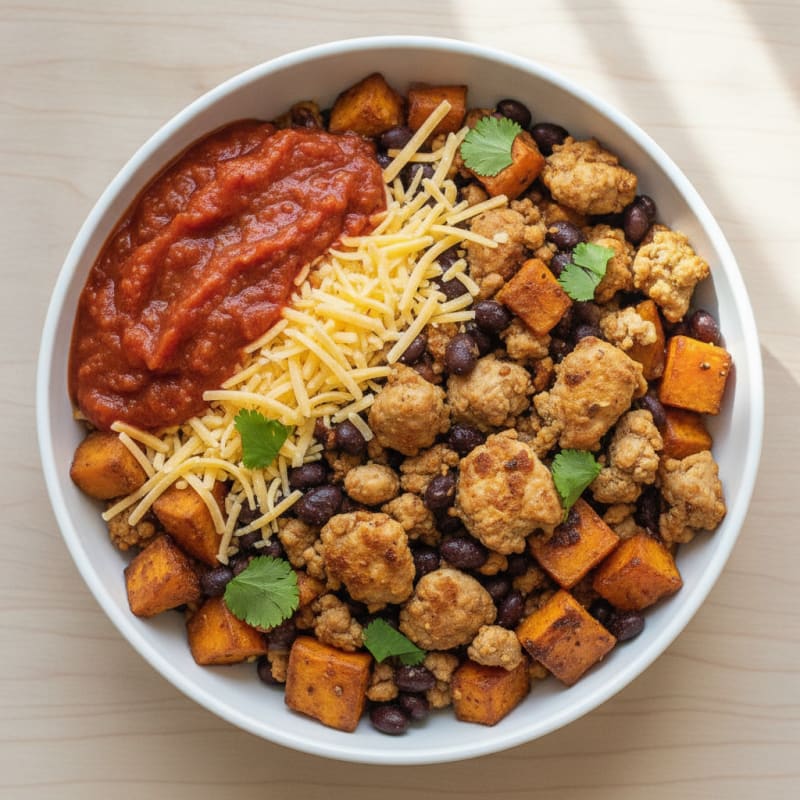 Lean Turkey and Black Bean Bowl with Spicy Salsa and Shredded Cheese