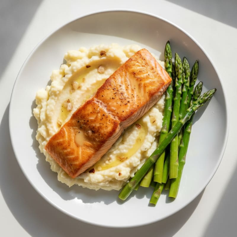 Seared Salmon with Steamed Asparagus and Cauliflower Mash