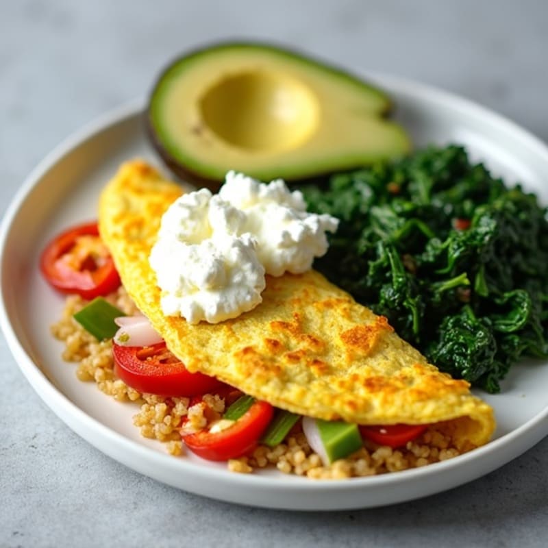 Egg White Vegetable Omelet with Cottage Cheese and Sautéed Spinach