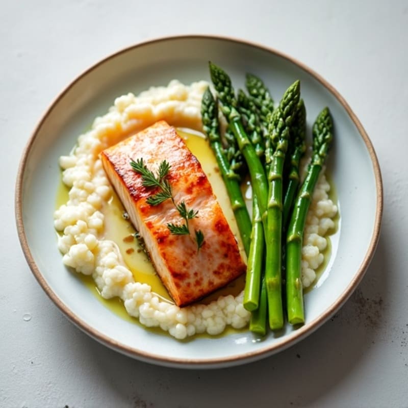 Seared Salmon with Steamed Asparagus and Cauliflower Mash