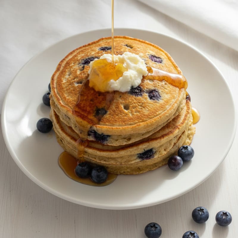Blueberry Ricotta Pancakes with Maple Syrup