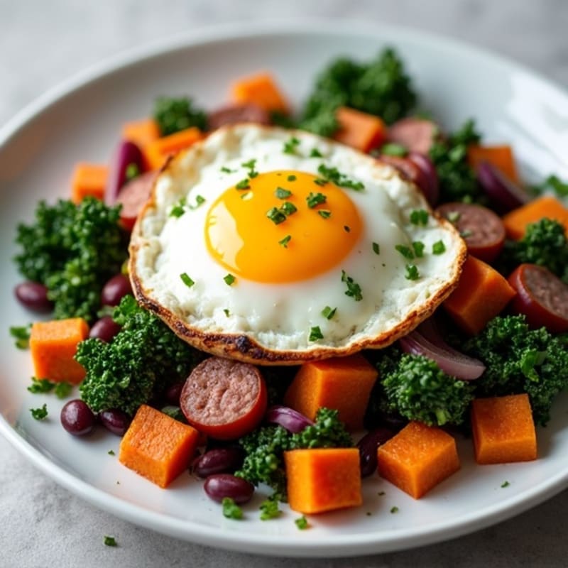 Sweet Potato and Kale Breakfast Hash with Fried Egg, Turkey Sausage, and Black Beans