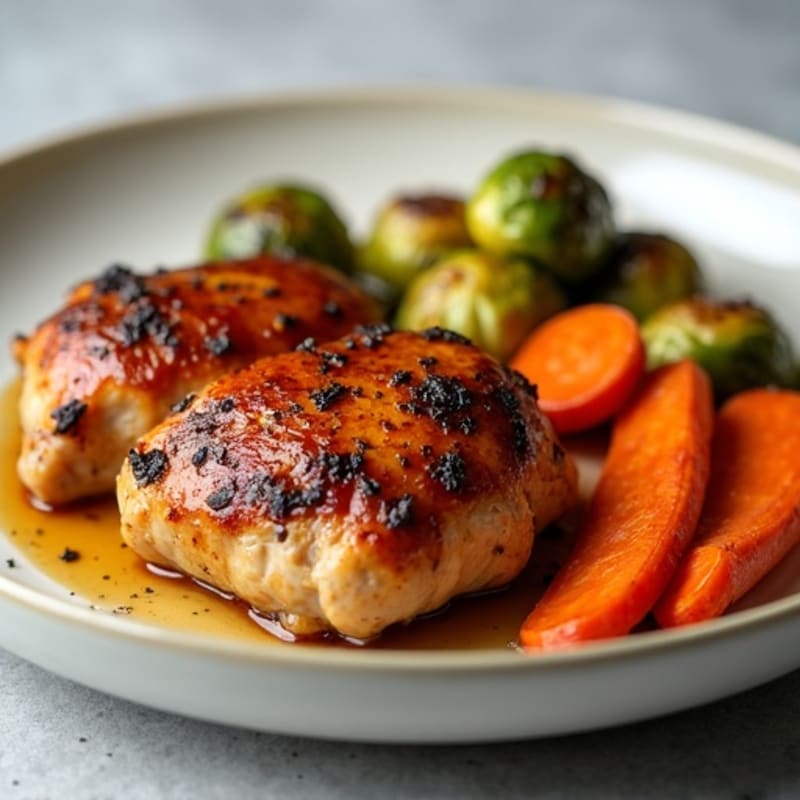 Maple Glazed Chicken Thighs with Roasted Carrots and Crispy Brussels Sprouts