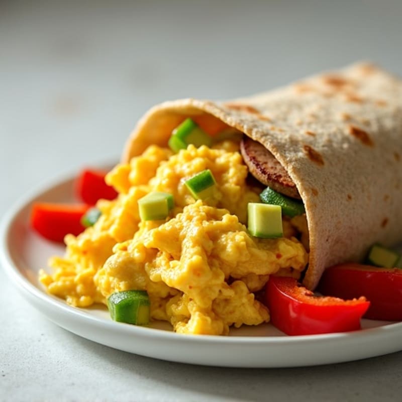 Creamy Scrambled Egg and Lean Turkey Sausage Burrito with Sautéed Peppers