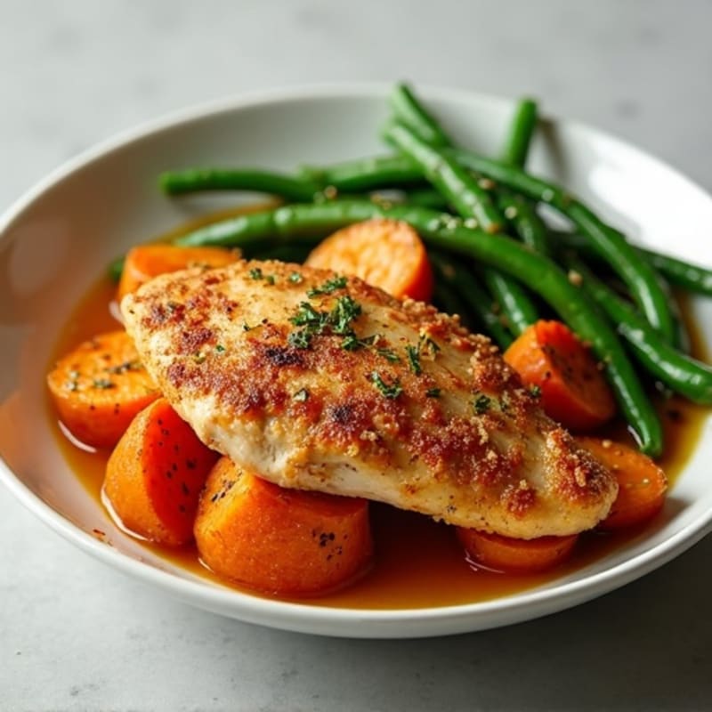 Crispy Baked Chicken with Roasted Green Beans and Sweet Potatoes