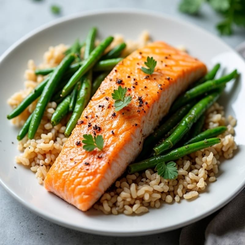 Seared Salmon Fillet with Lemon-Garlic Green Beans and Brown Rice