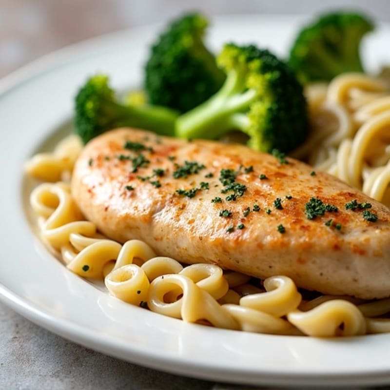 Creamy Garlic Chicken with Whole Wheat Fettuccine and Roasted Broccoli