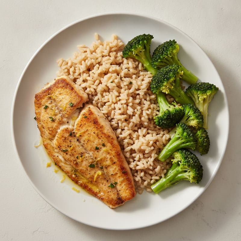 Seared Tilapia with Steamed Broccoli and Brown Rice