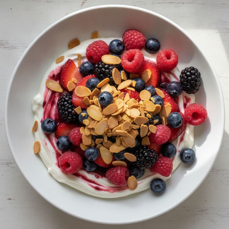 Greek Yogurt Protein Parfait with Mixed Berries and Almonds