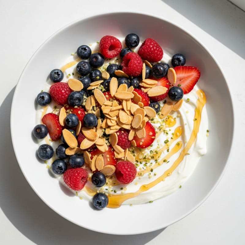 Greek Yogurt Bowl with Crunchy Almonds and Mixed Berries