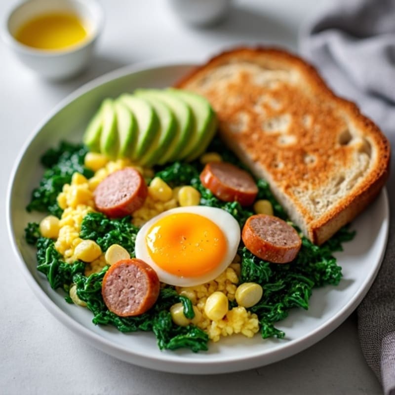 Egg White and Turkey Sausage Scramble with Sautéed Spinach