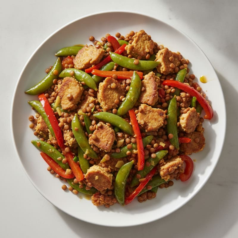 Lentil and Seitan Stir-Fry with Snap Peas and Bell Peppers