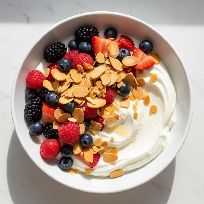 Silky Greek Yogurt Protein Bowl with Mixed Berries and Almonds