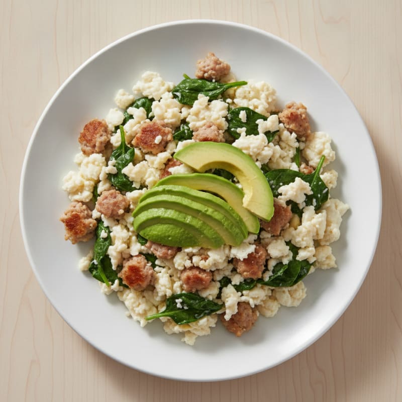 Egg White Scramble with Turkey Sausage and Sautéed Spinach