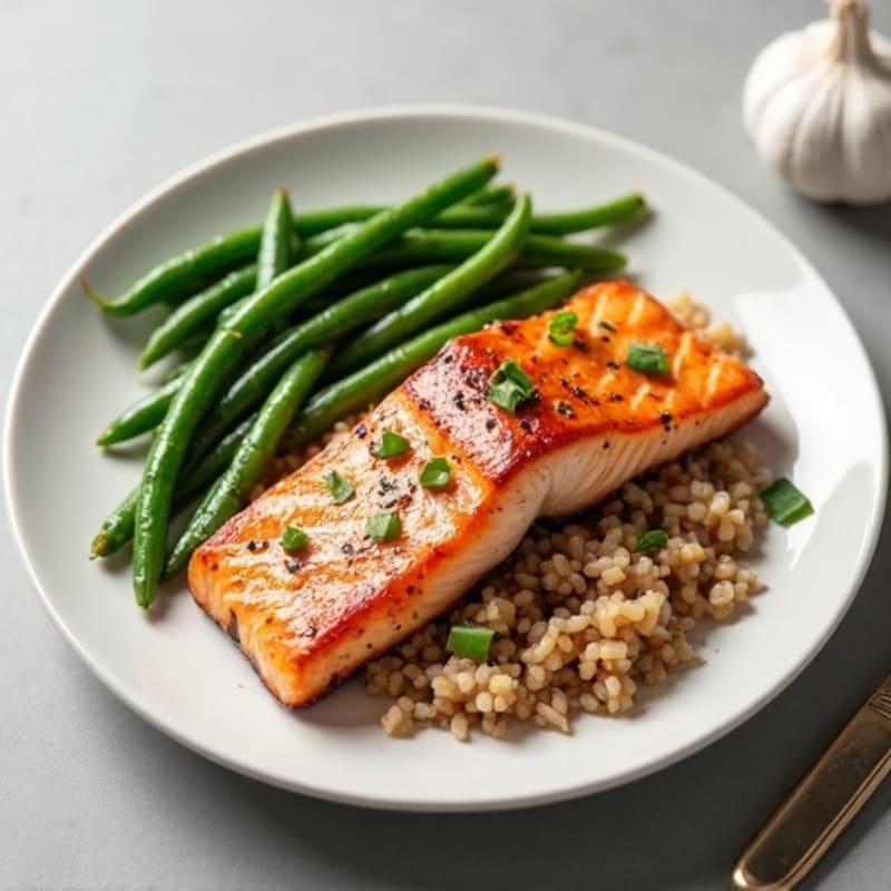 Seared Salmon with Garlic Green Beans and Brown Rice