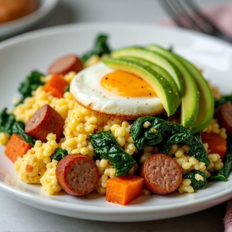 Egg White and Turkey Sausage Scramble with Spinach and Roasted Sweet Potato
