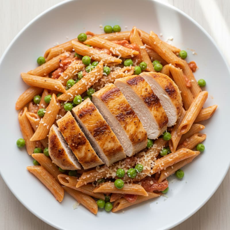 Seared Chicken Breast with Creamy Tomato Pasta and Sautéed Peas