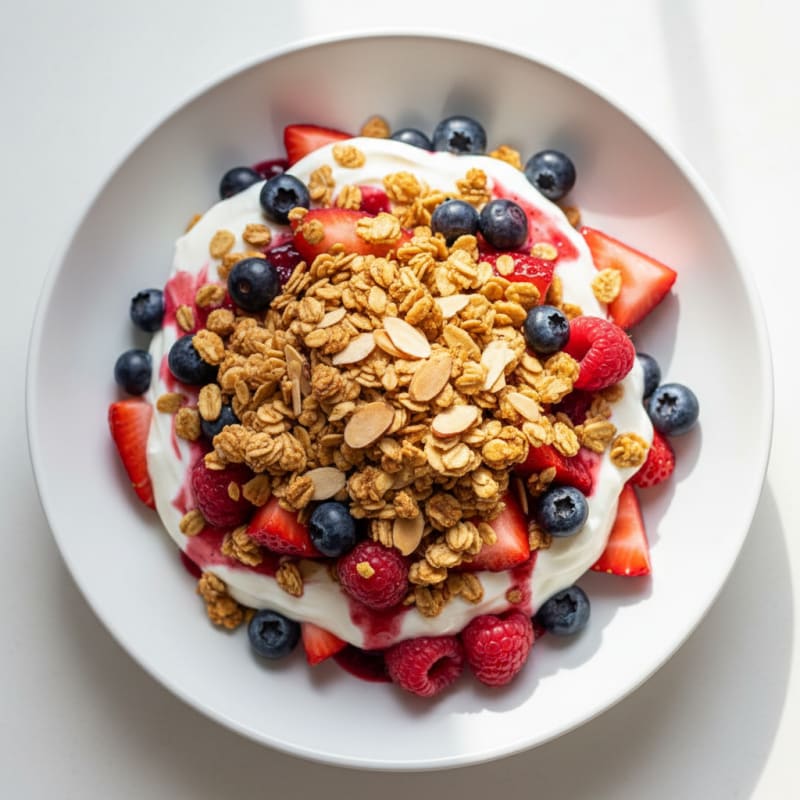 Greek Yogurt Parfait with Crunchy Almond Granola and Mixed Berries