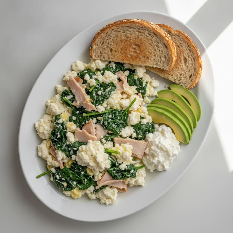 Egg White and Spinach Scramble with Cottage Cheese and Sliced Turkey