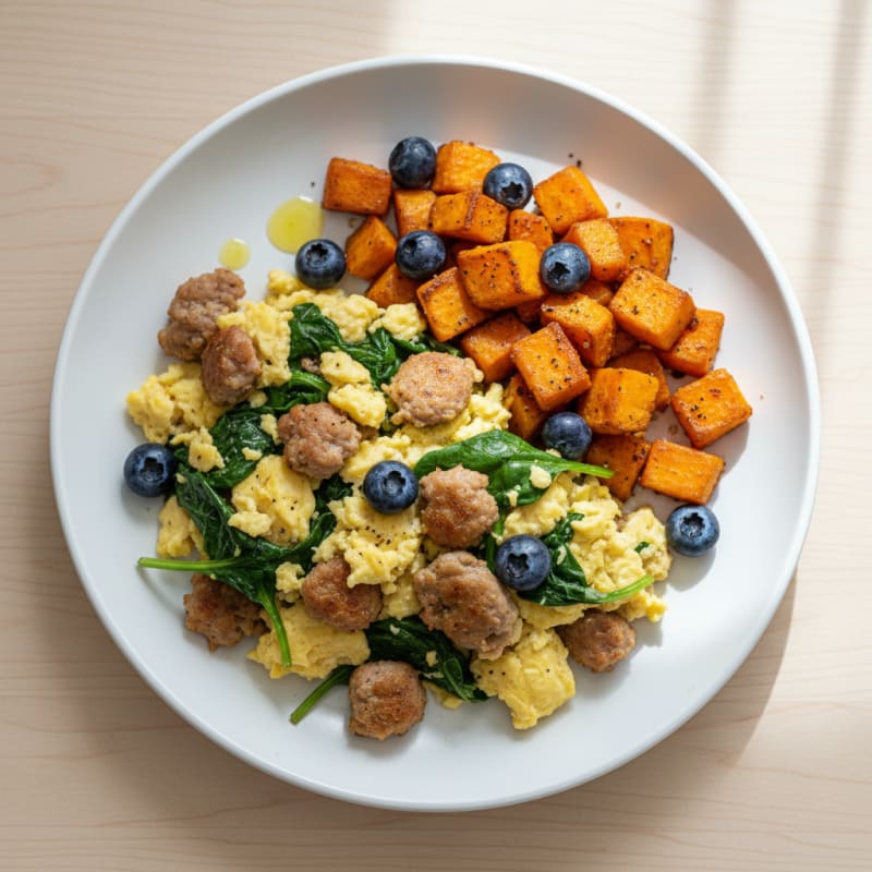 Turkey Sausage and Spinach Egg Scramble with Roasted Sweet Potato