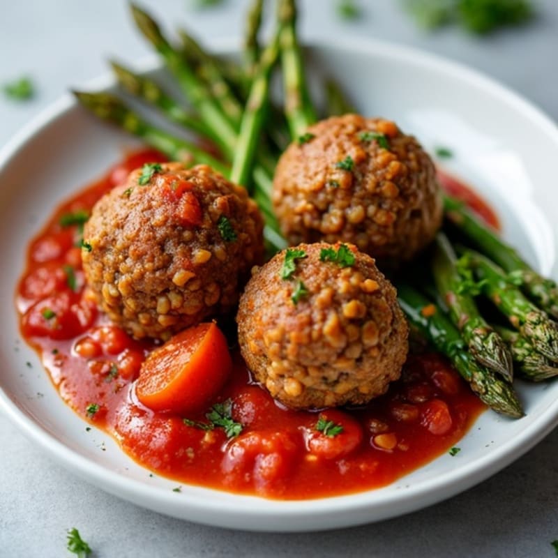 Hearty Baked Lentil Meatballs with Fresh Marinara and Roasted Asparagus