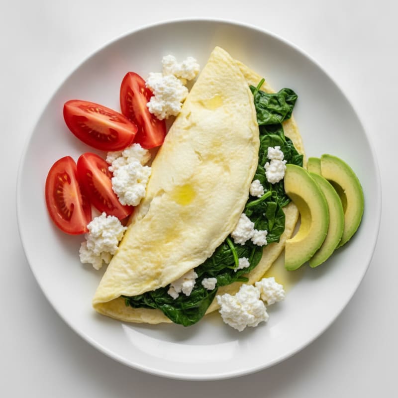 Egg White Spinach Omelet with Cottage Cheese and Sliced Tomatoes