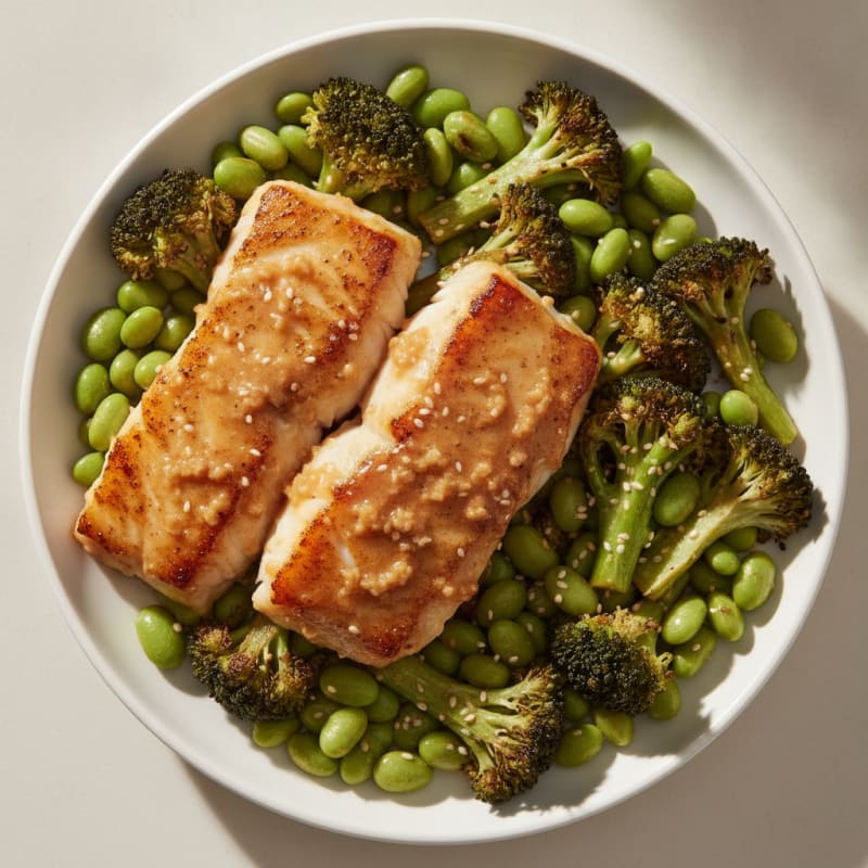 Seared Miso-Glazed Cod with Roasted Broccoli and Edamame