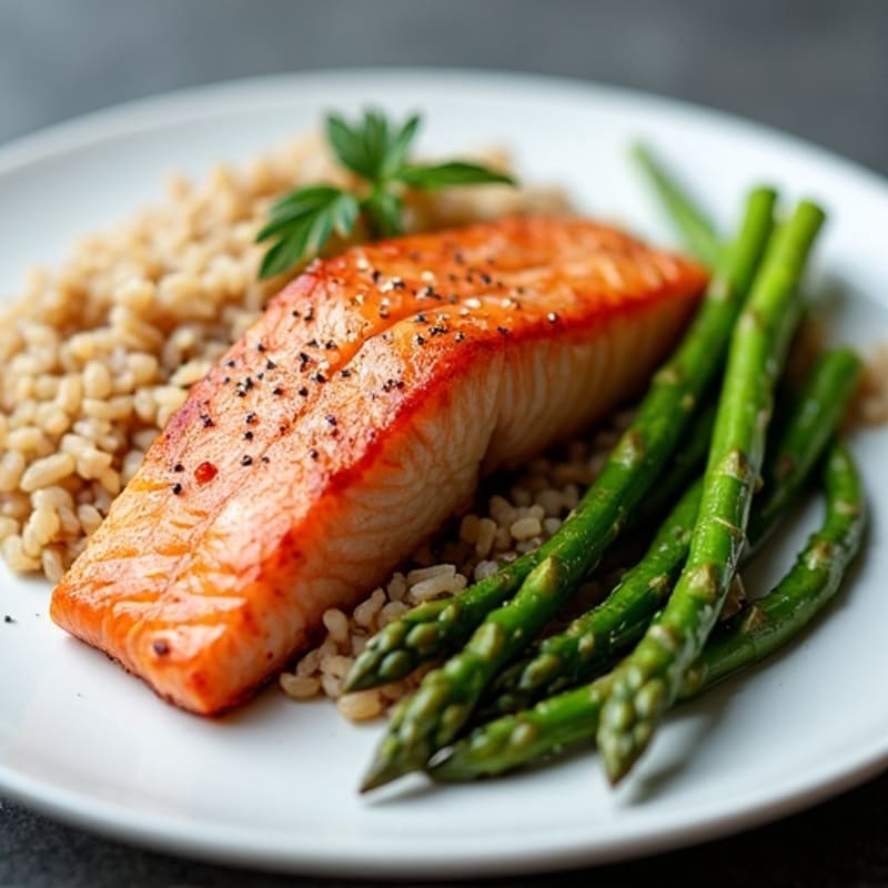 Seared Salmon with Steamed Asparagus and Brown Rice